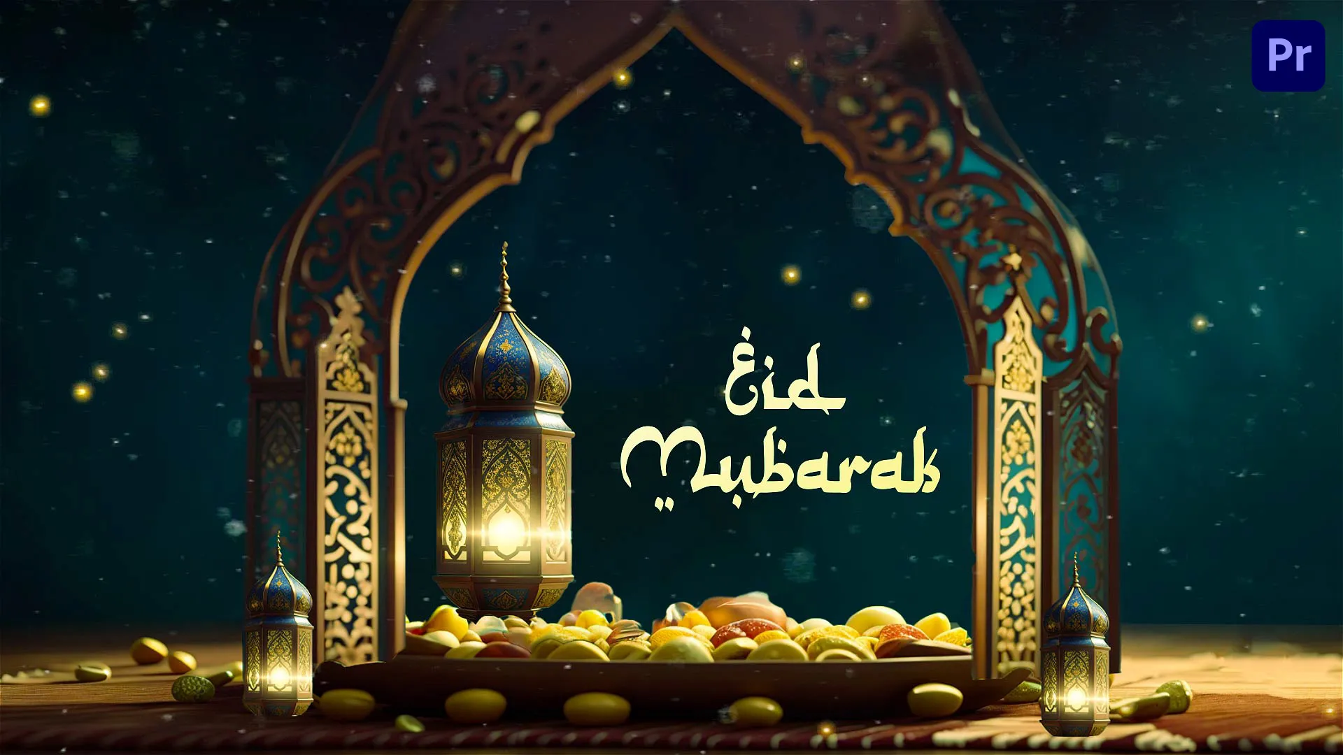 Traditional Eid Mubarak Night Golden Sparkle Greeting Card
